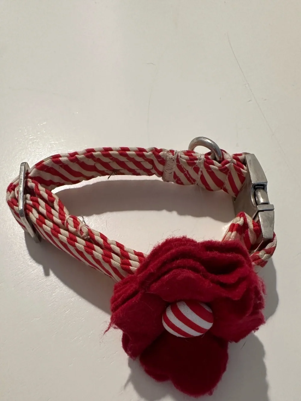 Red Striped Dog Collar w/ red flower Size Small